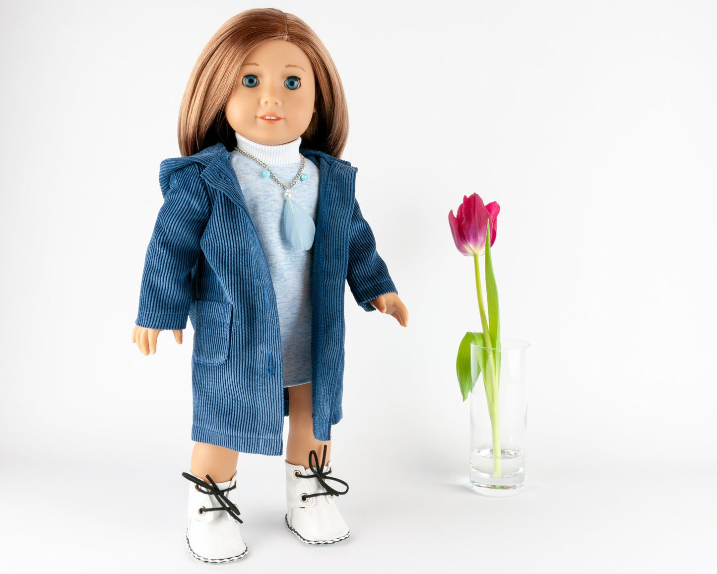 Winter Set Of Clothes For American Girl Doll Coat With Hood White Eco-Leather Boots And Blue Dress 18 Inch Doll Clothes