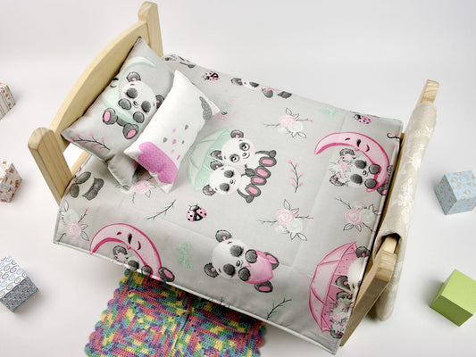 Panda Bedding - 18 Inch Doll Bedding - American Girl Doll Bedding with Panda Print Reversible Blanket