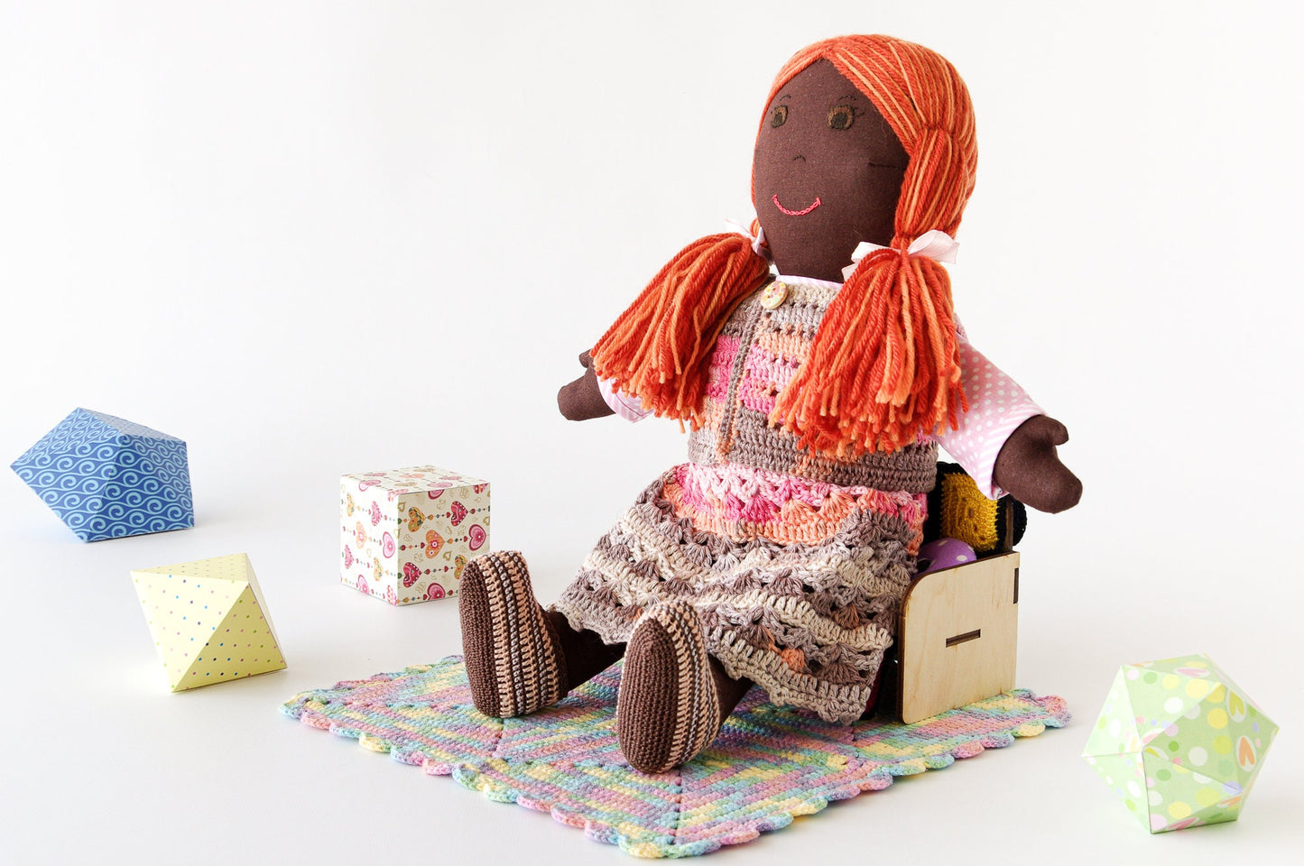 Ethnic Cloth Doll with Knitted Dress Homemade Black Rag Doll for Imaginative Play