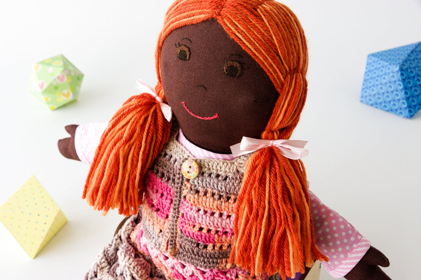 Ethnic Cloth Doll with Knitted Dress Homemade Black Rag Doll for Imaginative Play