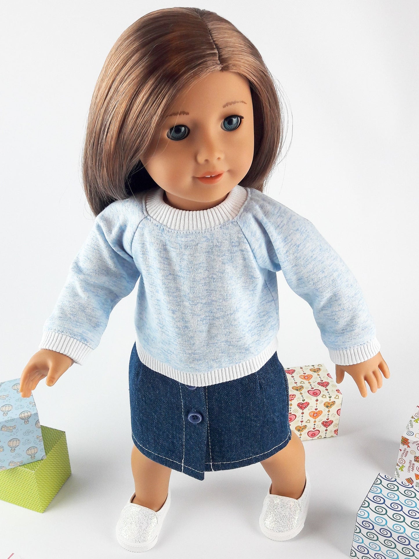 Denim Clothes American Girl Doll Clothes Denim Skirt Long Sleeve Pullover 18 Inch Doll Clothes