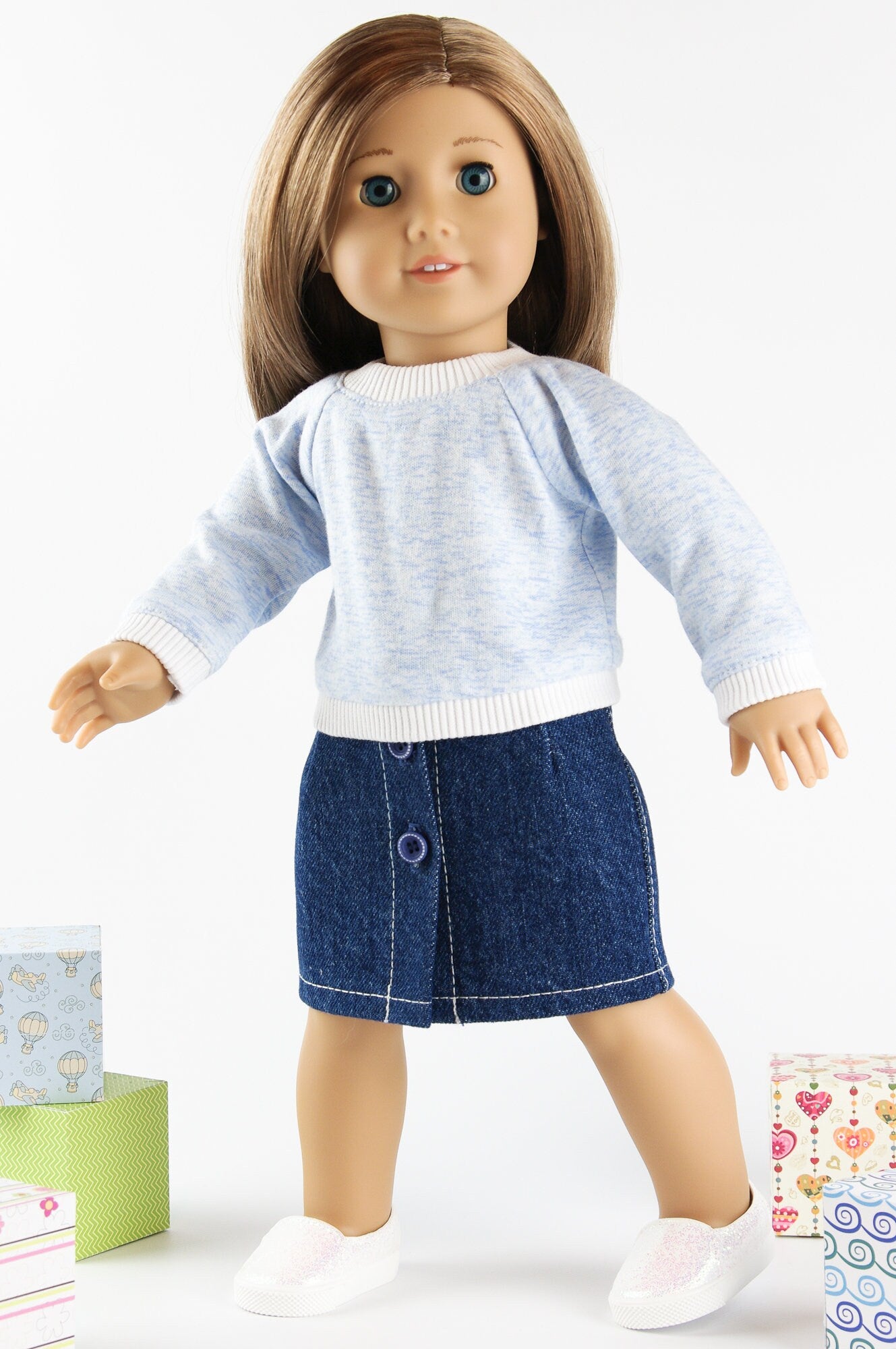 Denim Clothes American Girl Doll Clothes Denim Skirt Long Sleeve Pullover 18 Inch Doll Clothes