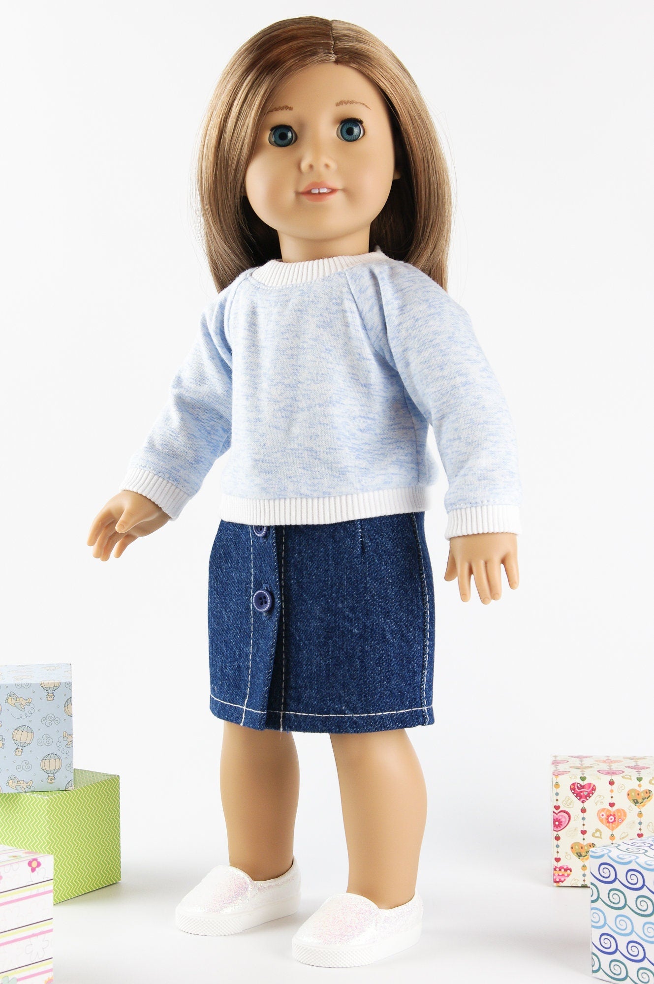 Denim Clothes American Girl Doll Clothes Denim Skirt Long Sleeve Pullover 18 Inch Doll Clothes