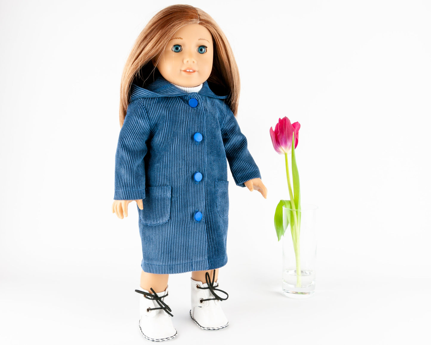 Winter Set Of Clothes For American Girl Doll Coat With Hood White Eco-Leather Boots And Blue Dress 18 Inch Doll Clothes