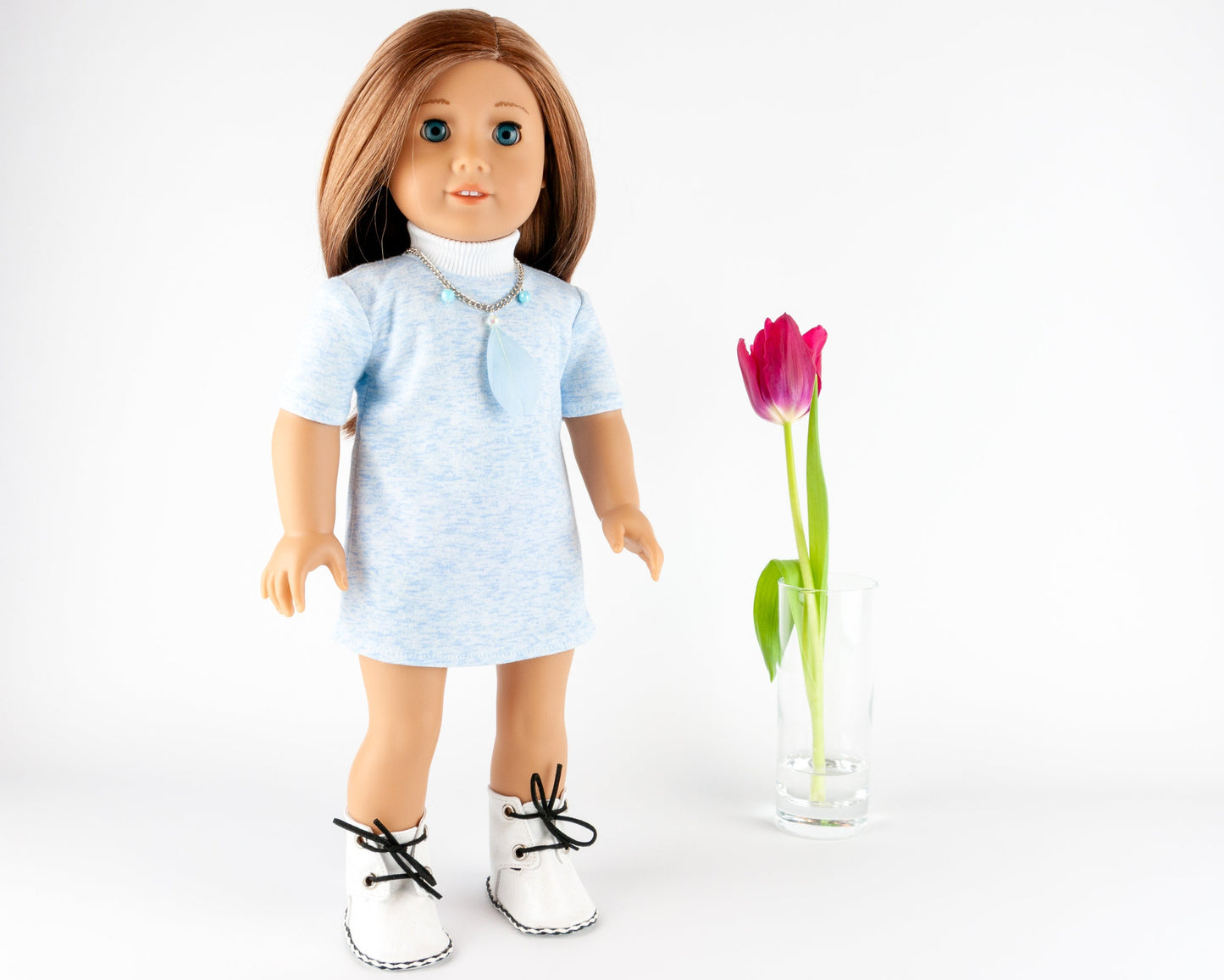 Winter Set Of Clothes For American Girl Doll Coat With Hood White Eco-Leather Boots And Blue Dress 18 Inch Doll Clothes