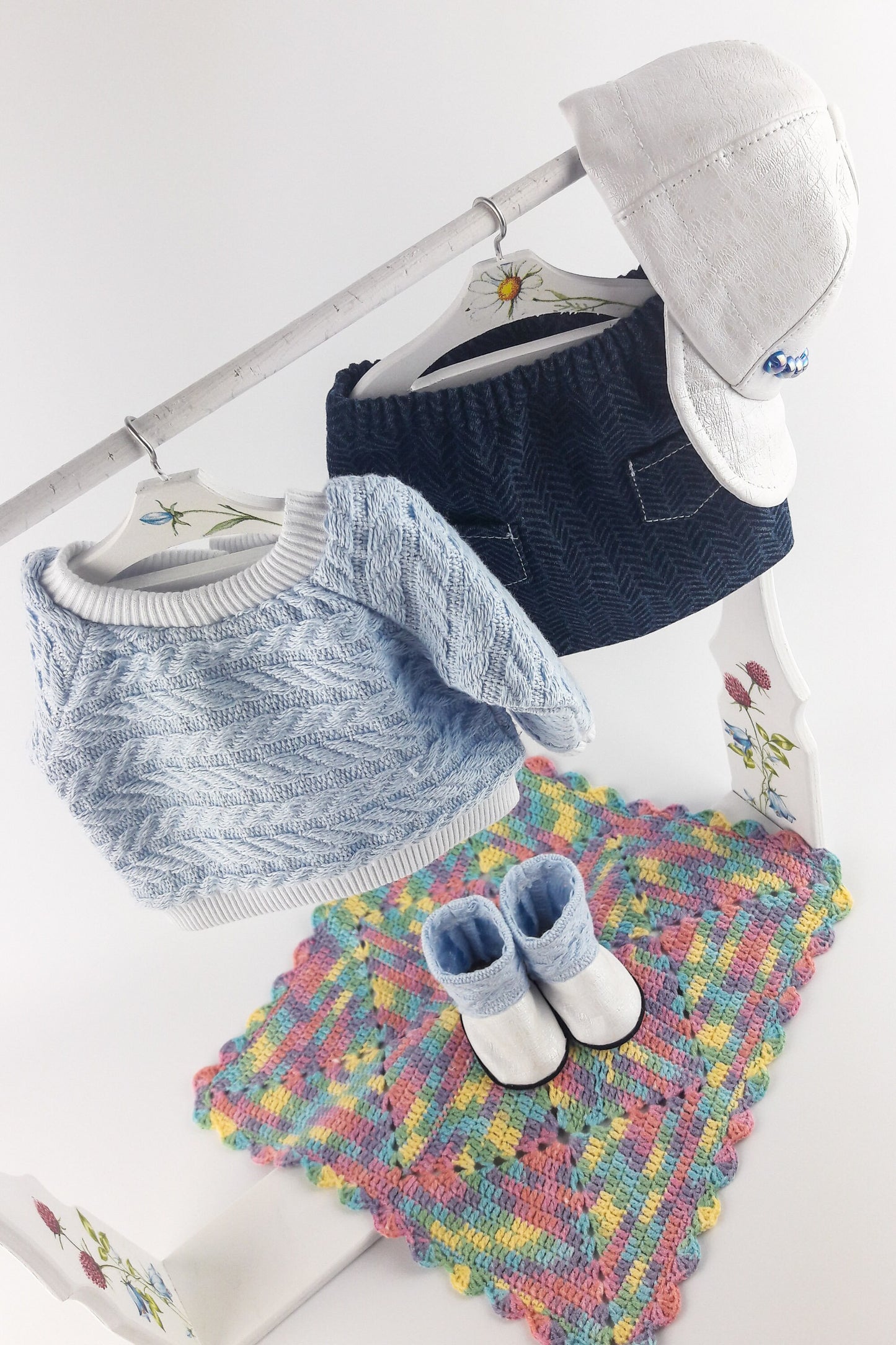 Winter Clothes Set for American Girl Doll Denim Skirt With Pockets Doll Sweater Baseball Cap Ugg Boots