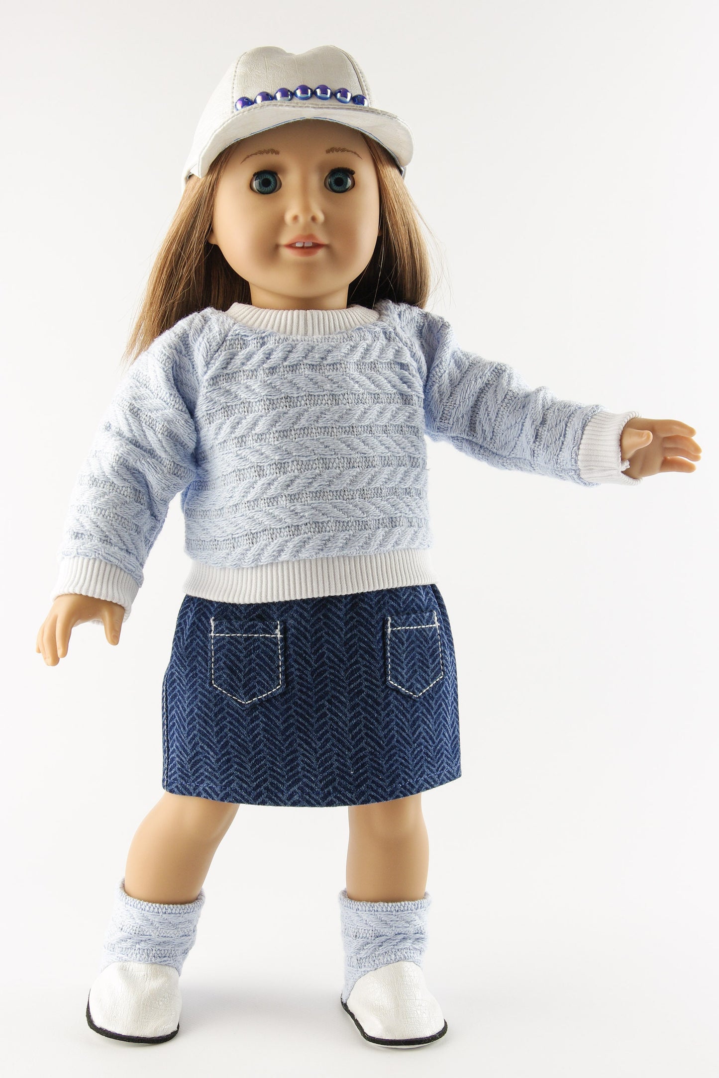 Winter Clothes Set for American Girl Doll Denim Skirt With Pockets Doll Sweater Baseball Cap Ugg Boots