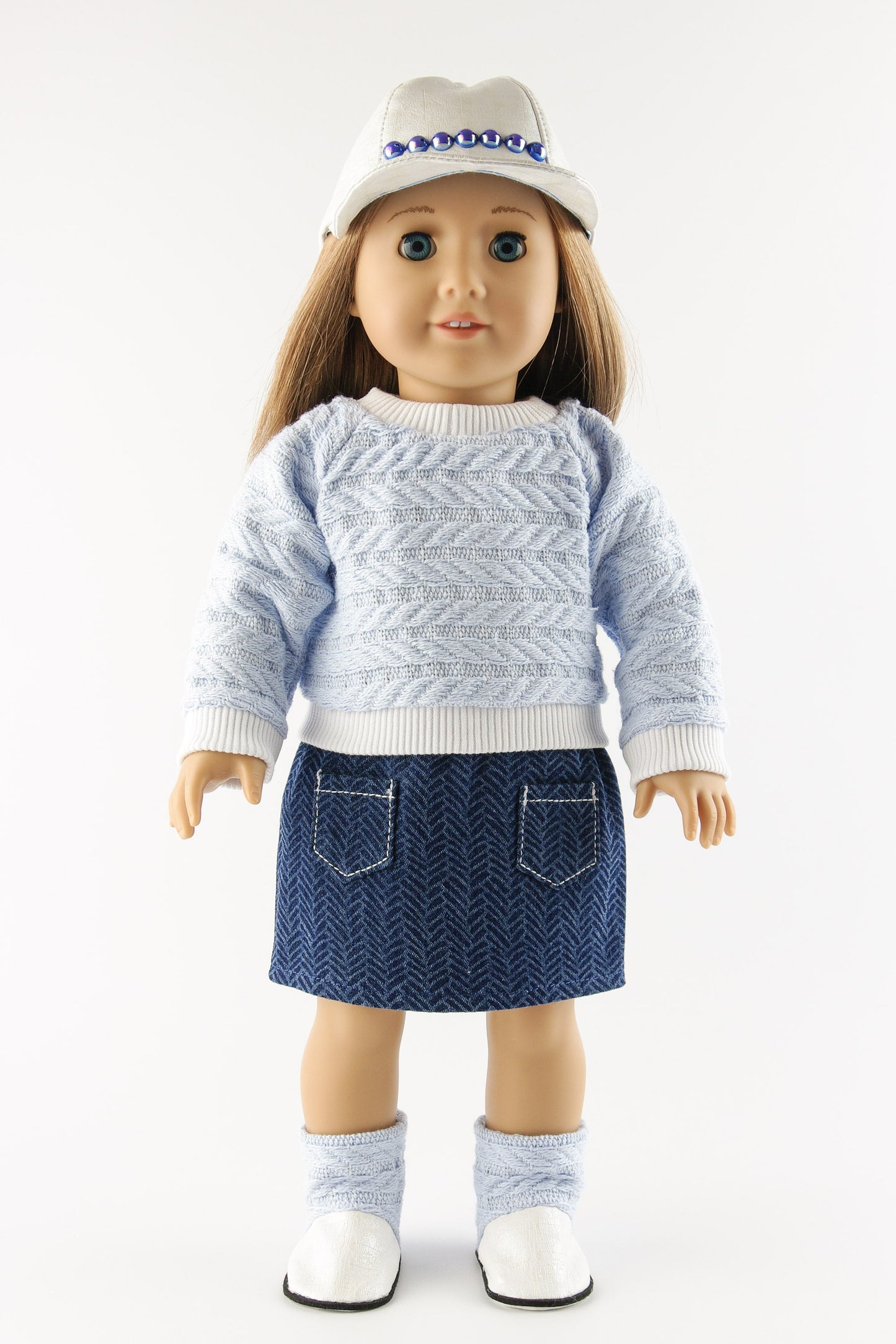 Winter Clothes Set for American Girl Doll Denim Skirt With Pockets Doll Sweater Baseball Cap Ugg Boots