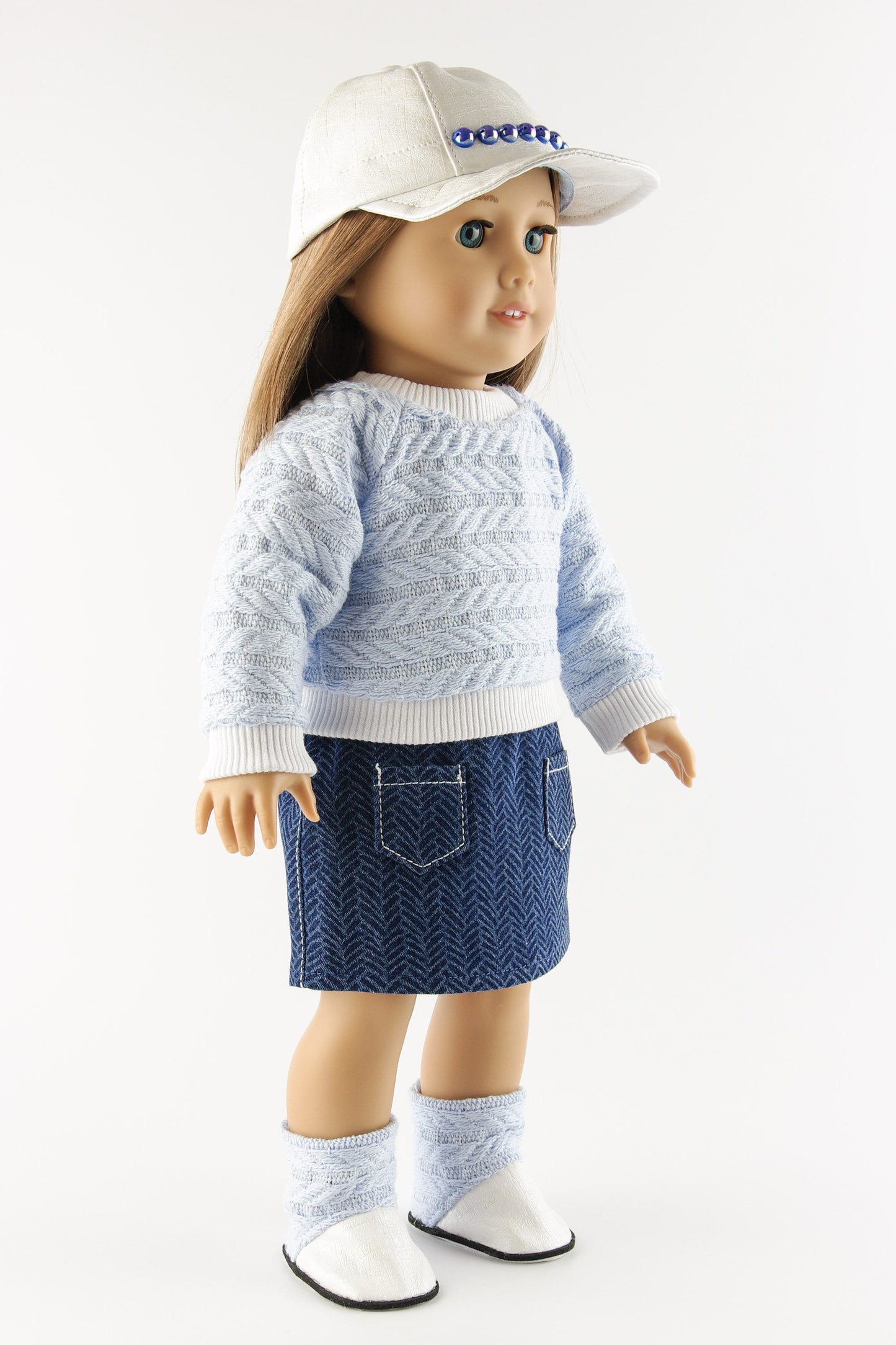 Winter Clothes Set for American Girl Doll Denim Skirt With Pockets Doll Sweater Baseball Cap Ugg Boots