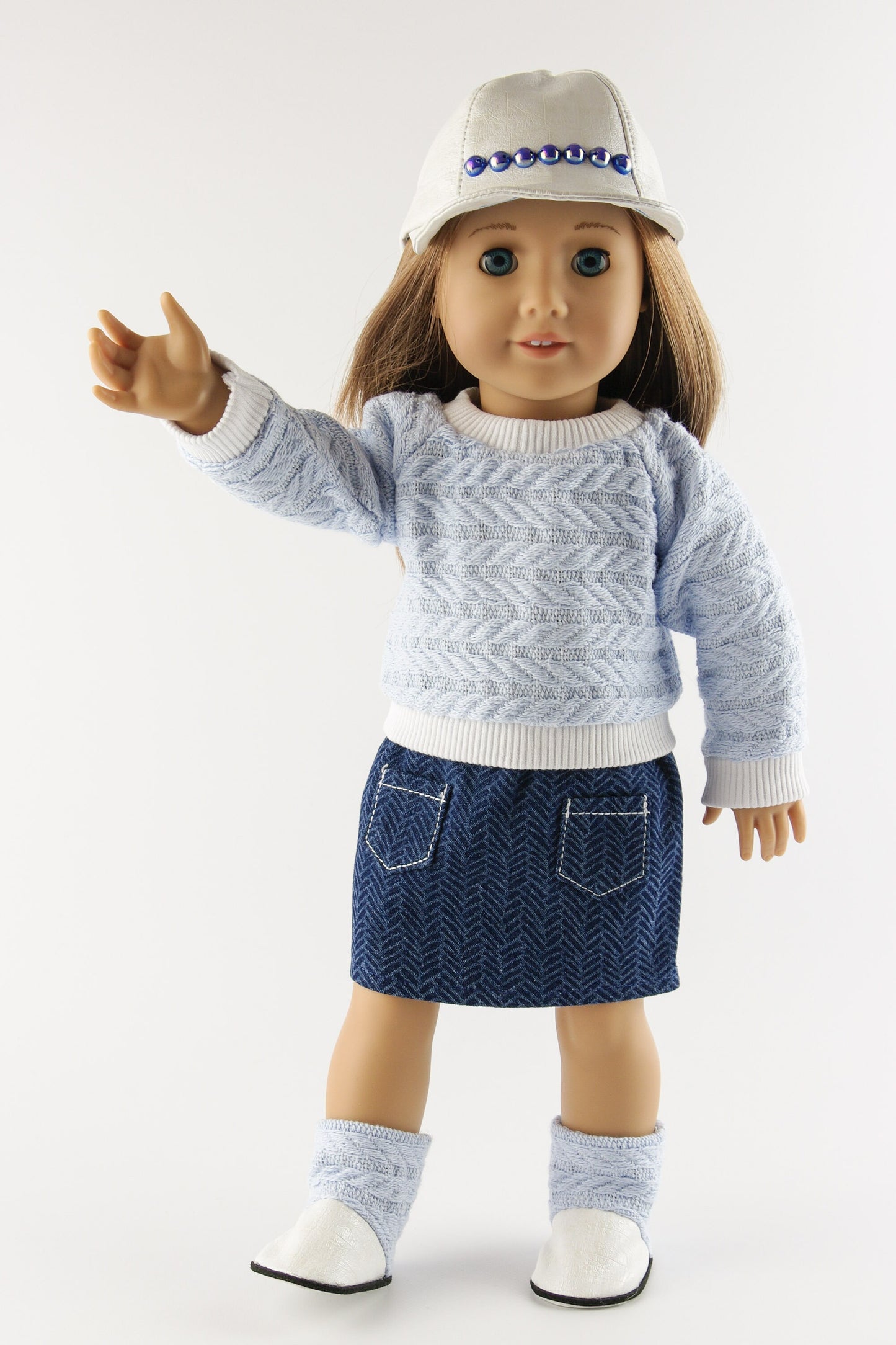 Winter Clothes Set for American Girl Doll Denim Skirt With Pockets Doll Sweater Baseball Cap Ugg Boots