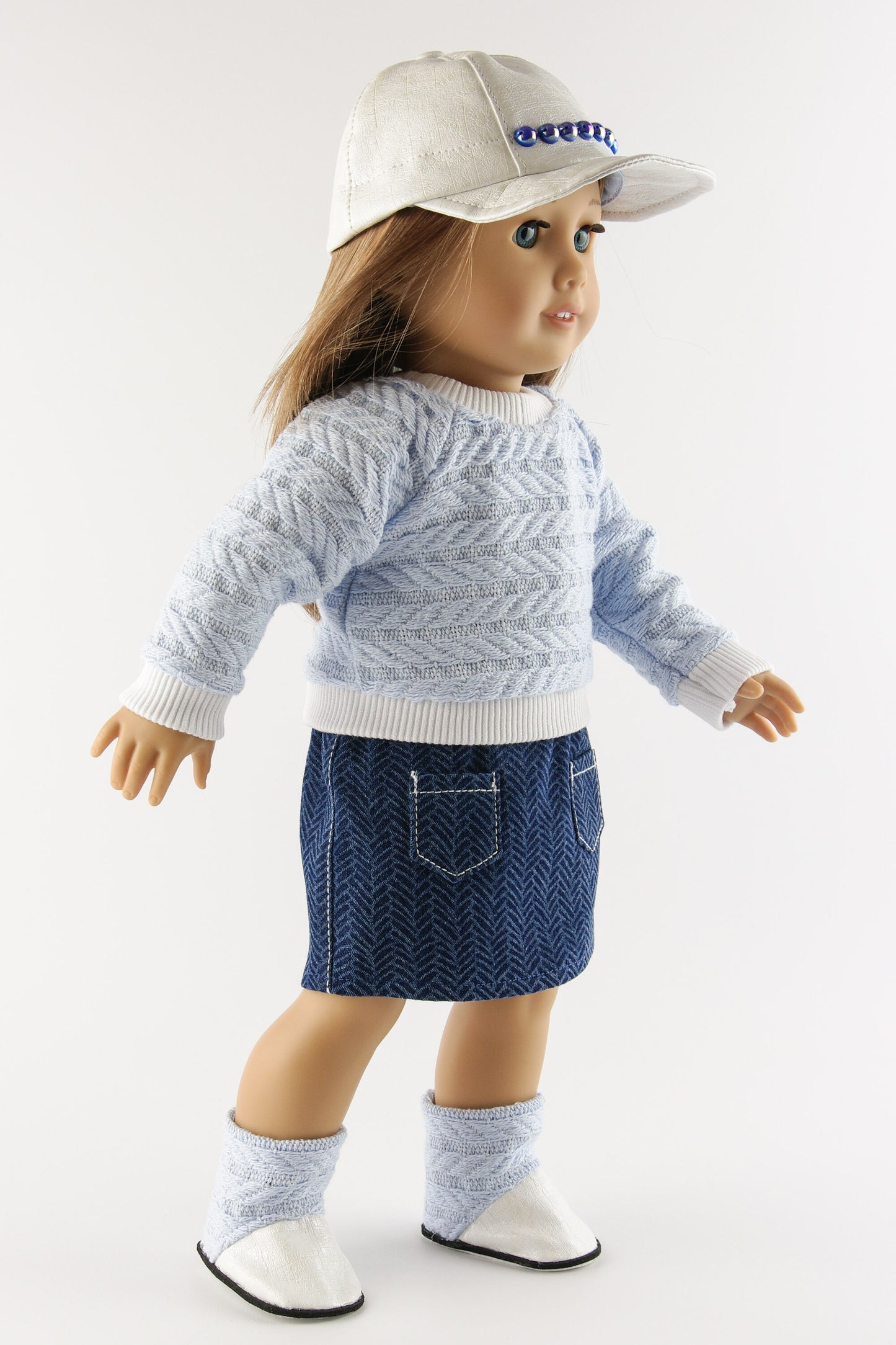 Winter Clothes Set for American Girl Doll Denim Skirt With Pockets Doll Sweater Baseball Cap Ugg Boots