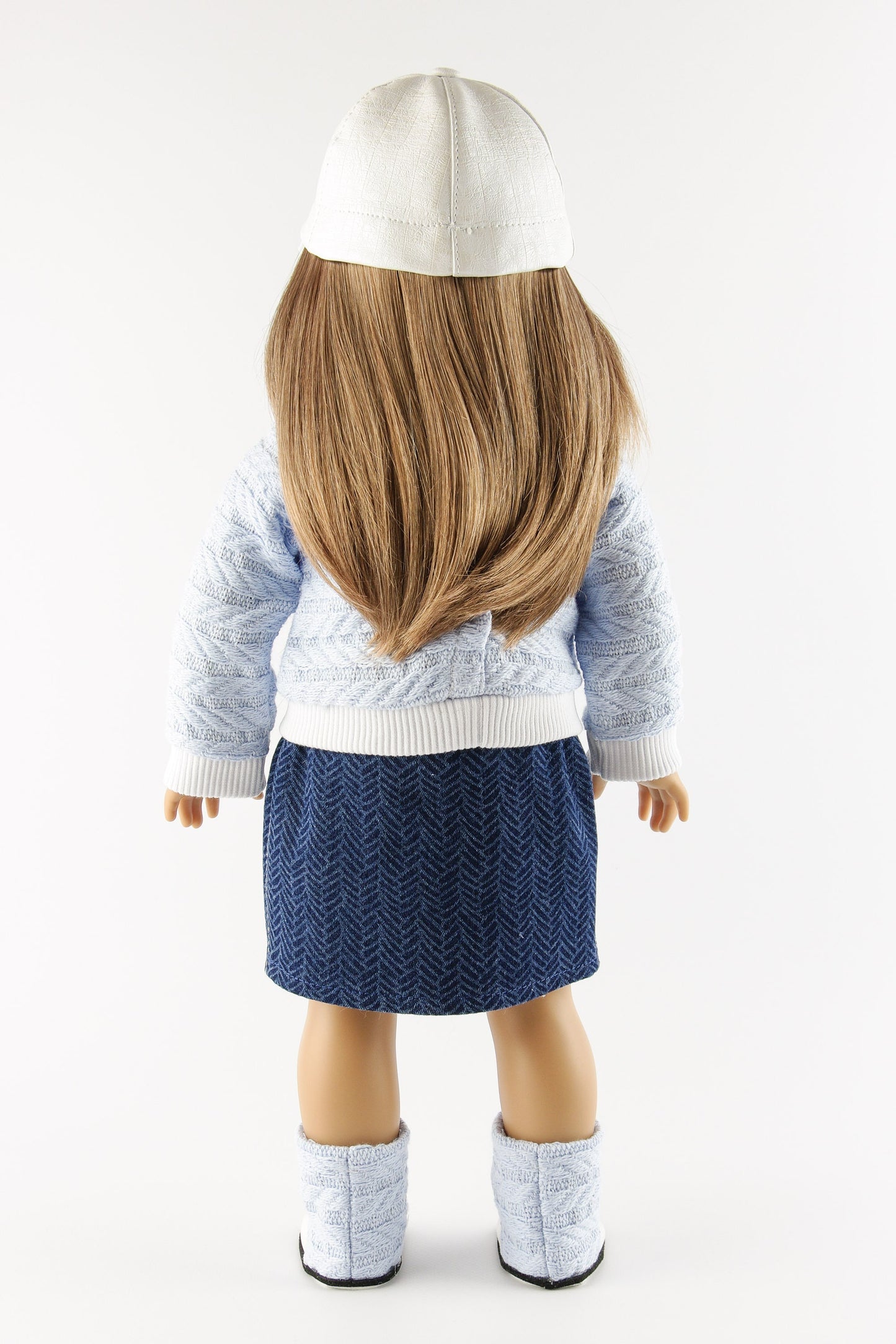 Winter Clothes Set for American Girl Doll Denim Skirt With Pockets Doll Sweater Baseball Cap Ugg Boots