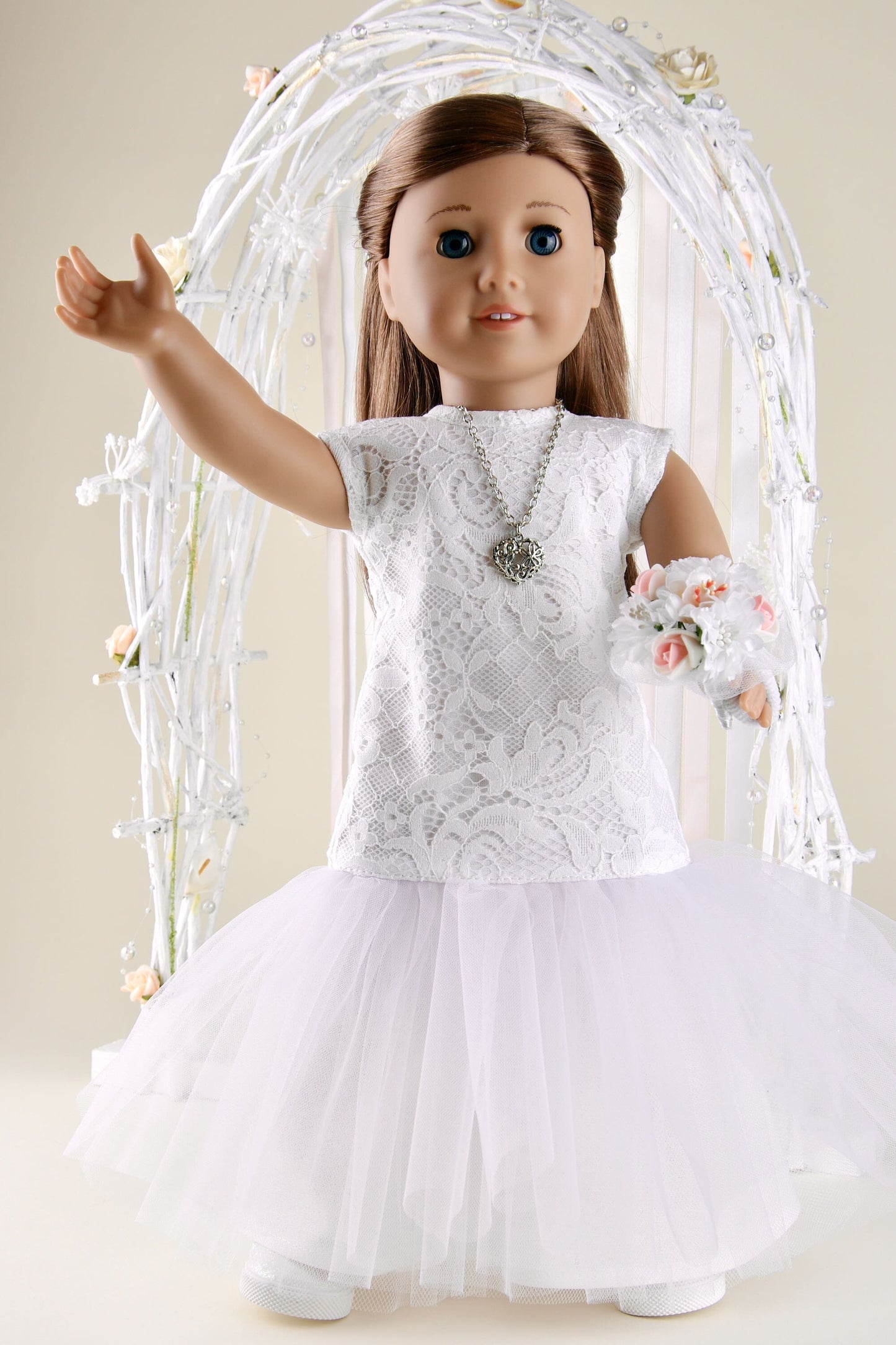 American Girl Wedding Dress With Bouquet Doll Tulle Dress 18 Inch Doll Clothes