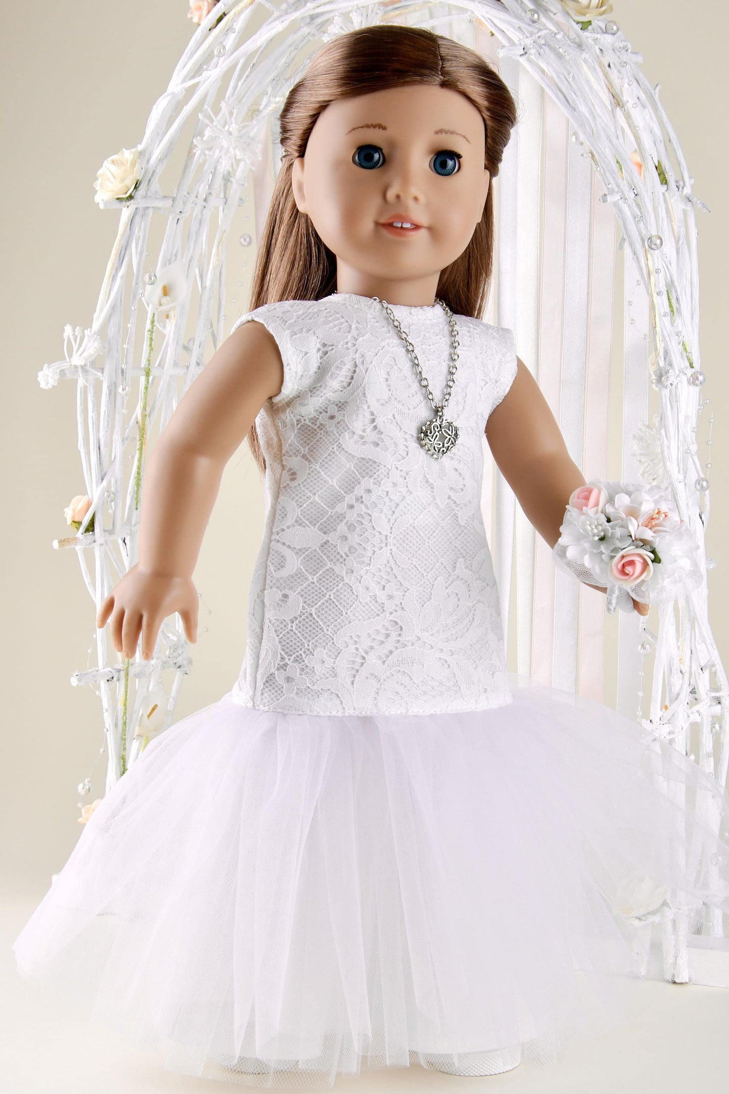 American Girl Wedding Dress With Bouquet Doll Tulle Dress 18 Inch Doll Clothes