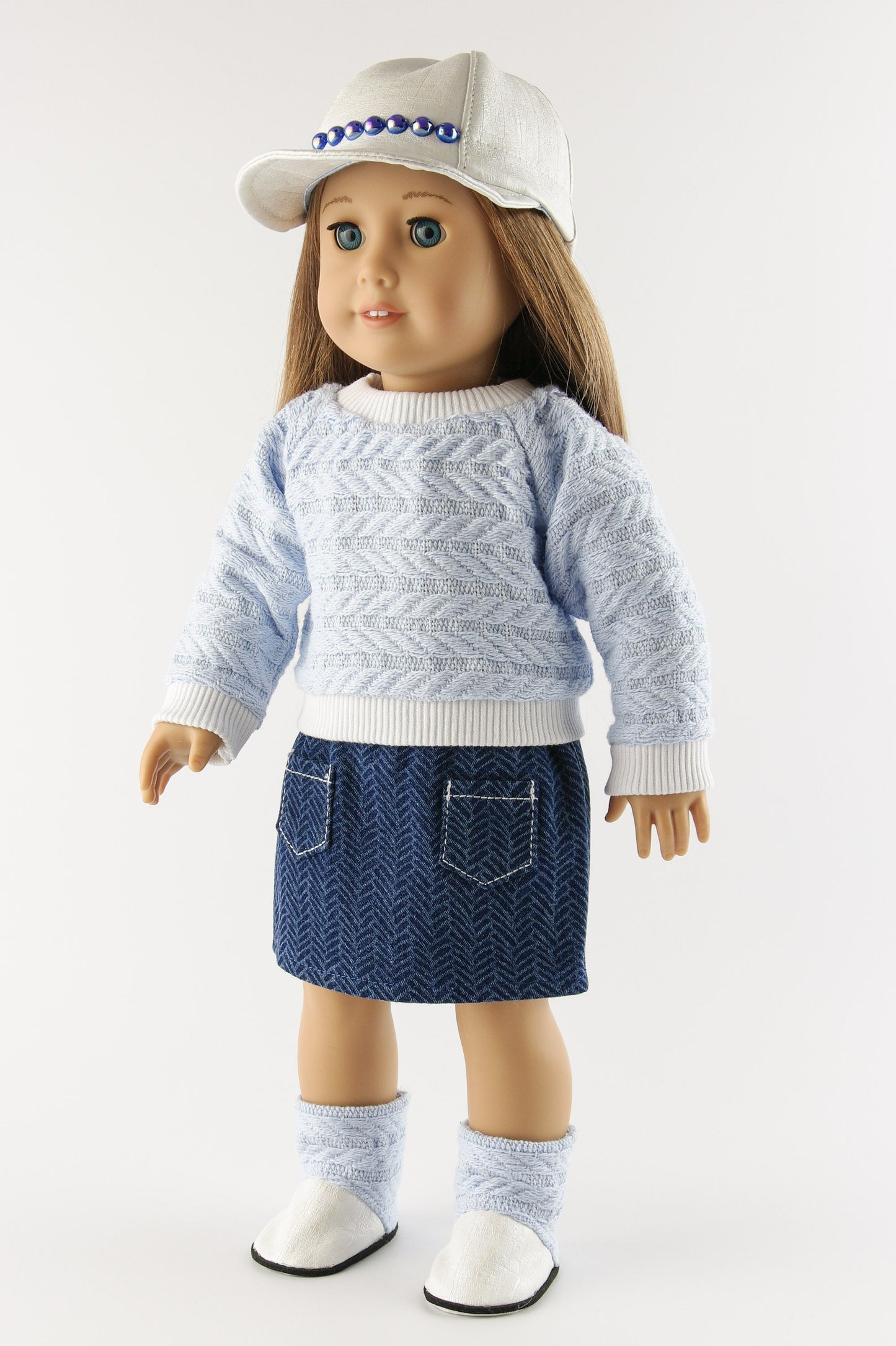 Winter Clothes Set for American Girl Doll Denim Skirt With Pockets Doll Sweater Baseball Cap Ugg Boots