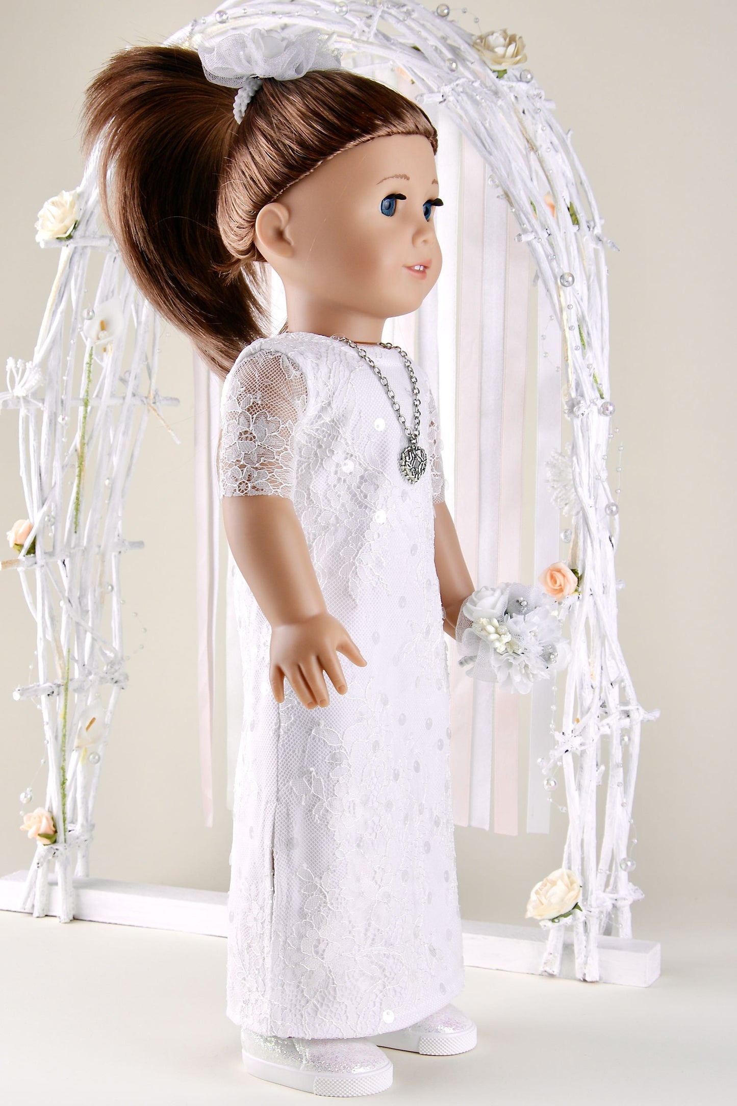 Lace Wedding Dress With Bouquet for American Girl Doll 18 Inch Doll Wedding Dress