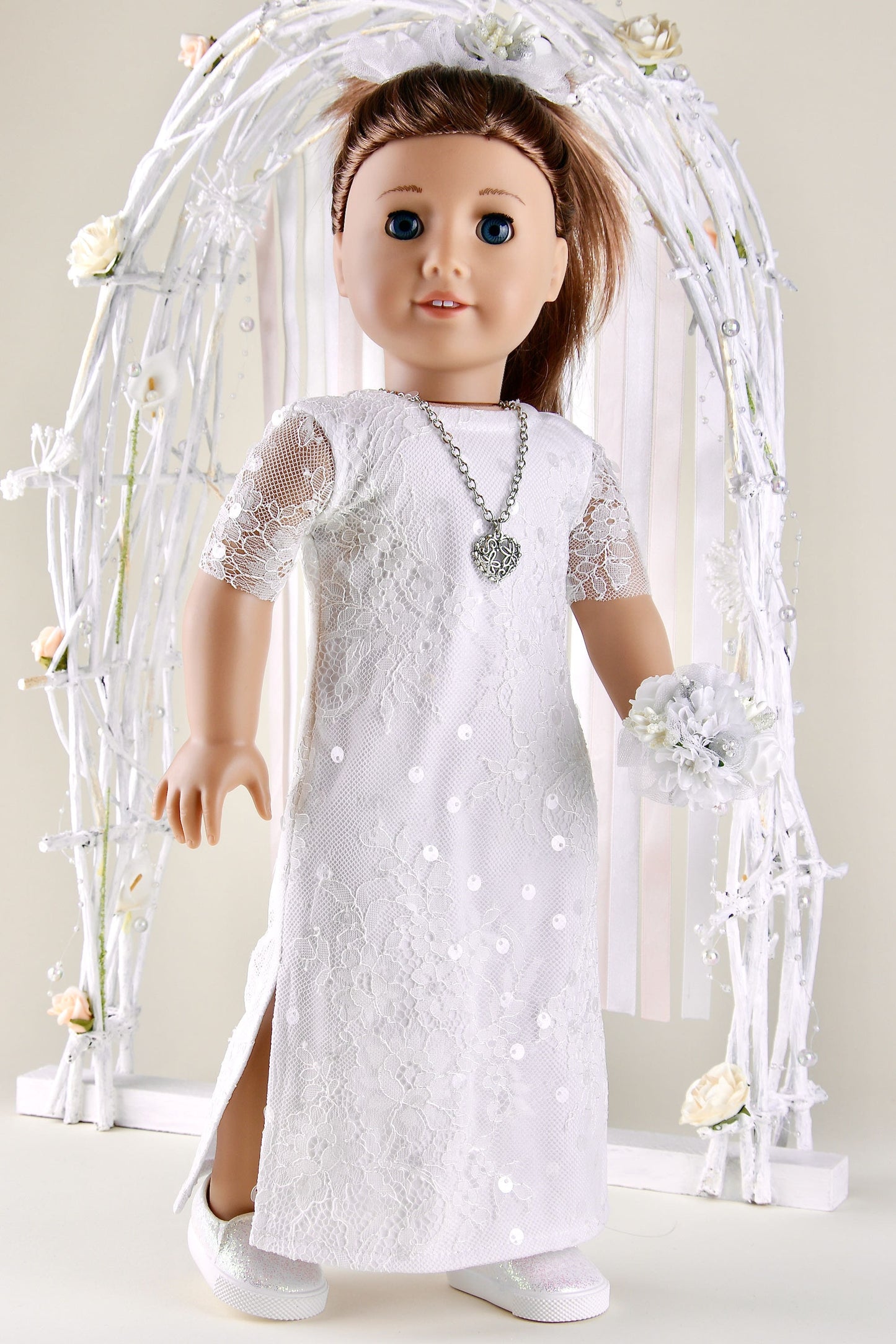 Lace Wedding Dress With Bouquet for American Girl Doll 18 Inch Doll Wedding Dress