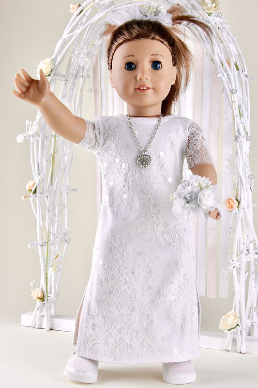 Lace Wedding Dress With Bouquet for American Girl Doll 18 Inch Doll Wedding Dress