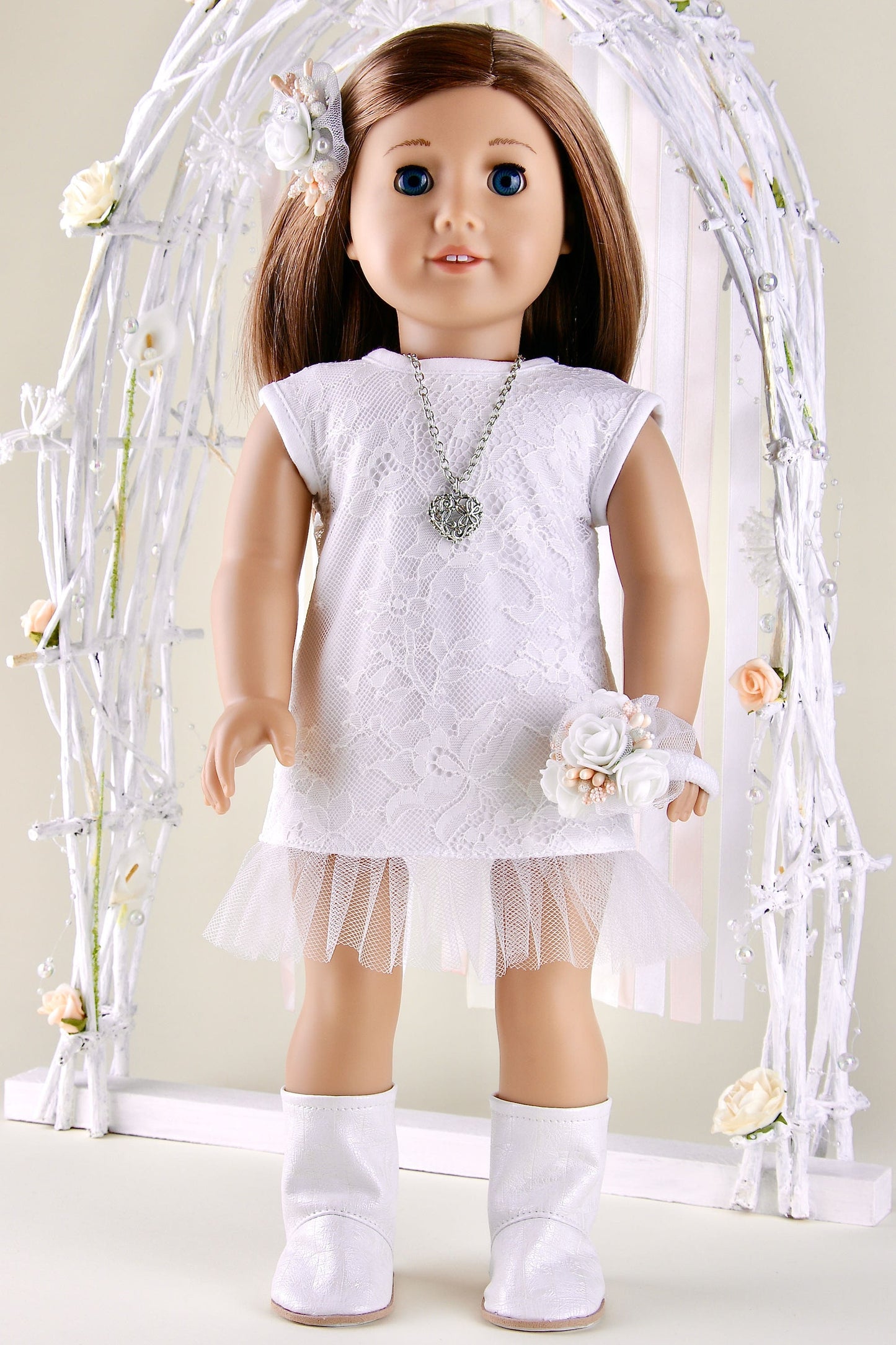 American Girl Doll Wedding Dress Short Lace Dress Doll Boots and Wedding Bouquet 18 Inch Doll Clothes