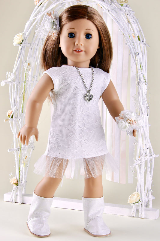 American Girl Doll Wedding Dress Short Lace Dress Doll Boots and Wedding Bouquet 18 Inch Doll Clothes