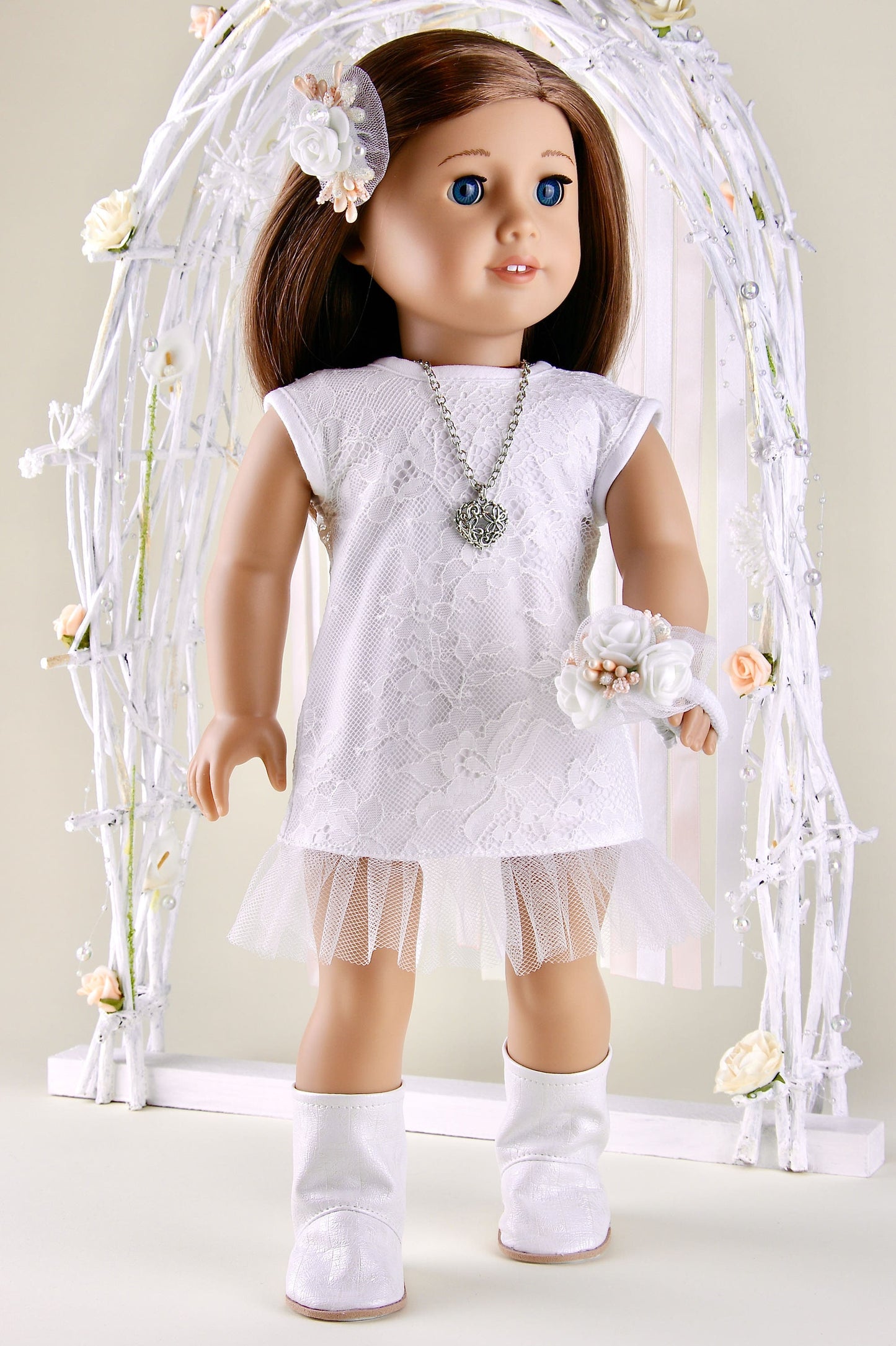 American Girl Doll Wedding Dress Short Lace Dress Doll Boots and Wedding Bouquet 18 Inch Doll Clothes