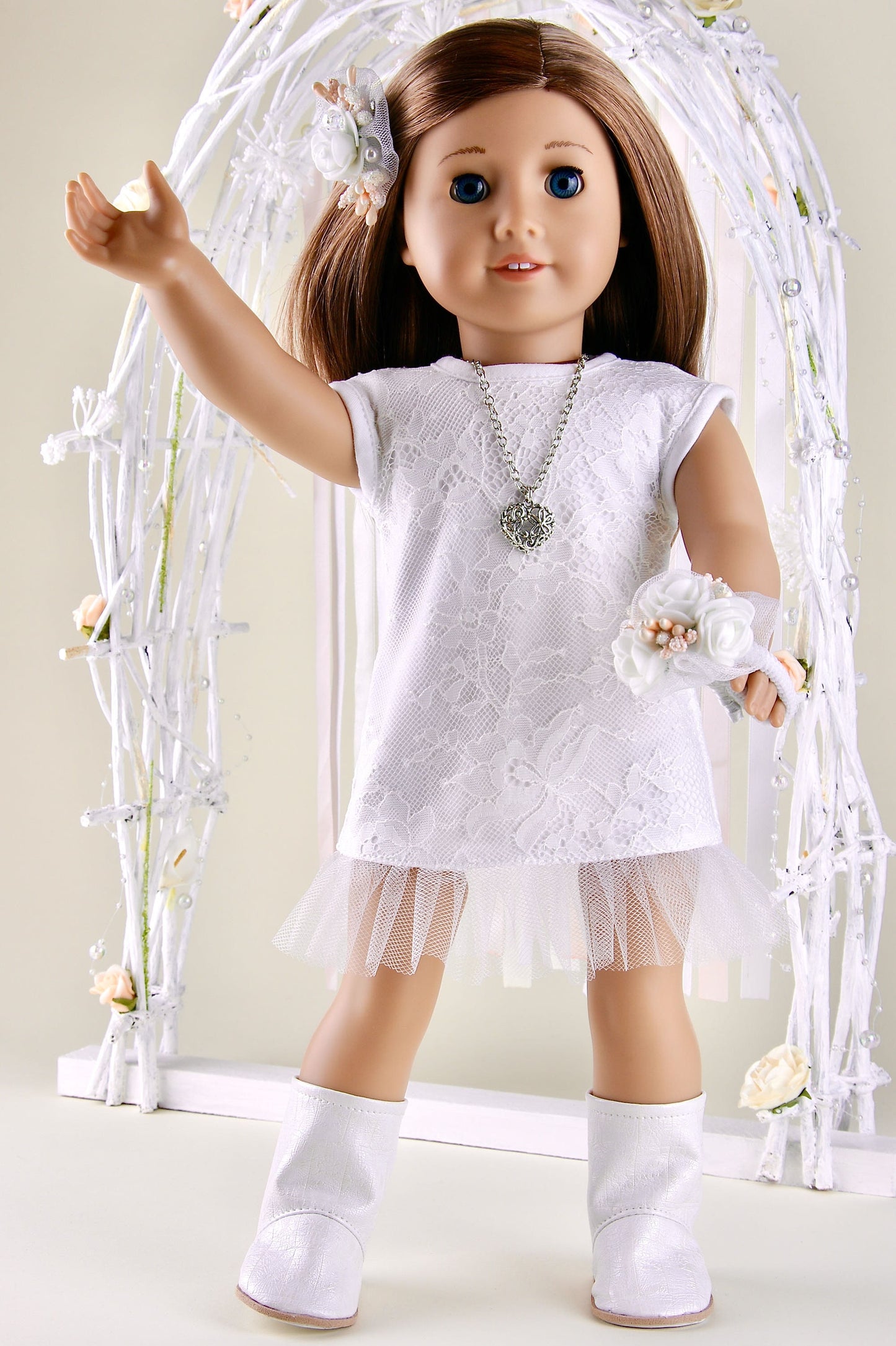 American Girl Doll Wedding Dress Short Lace Dress Doll Boots and Wedding Bouquet 18 Inch Doll Clothes