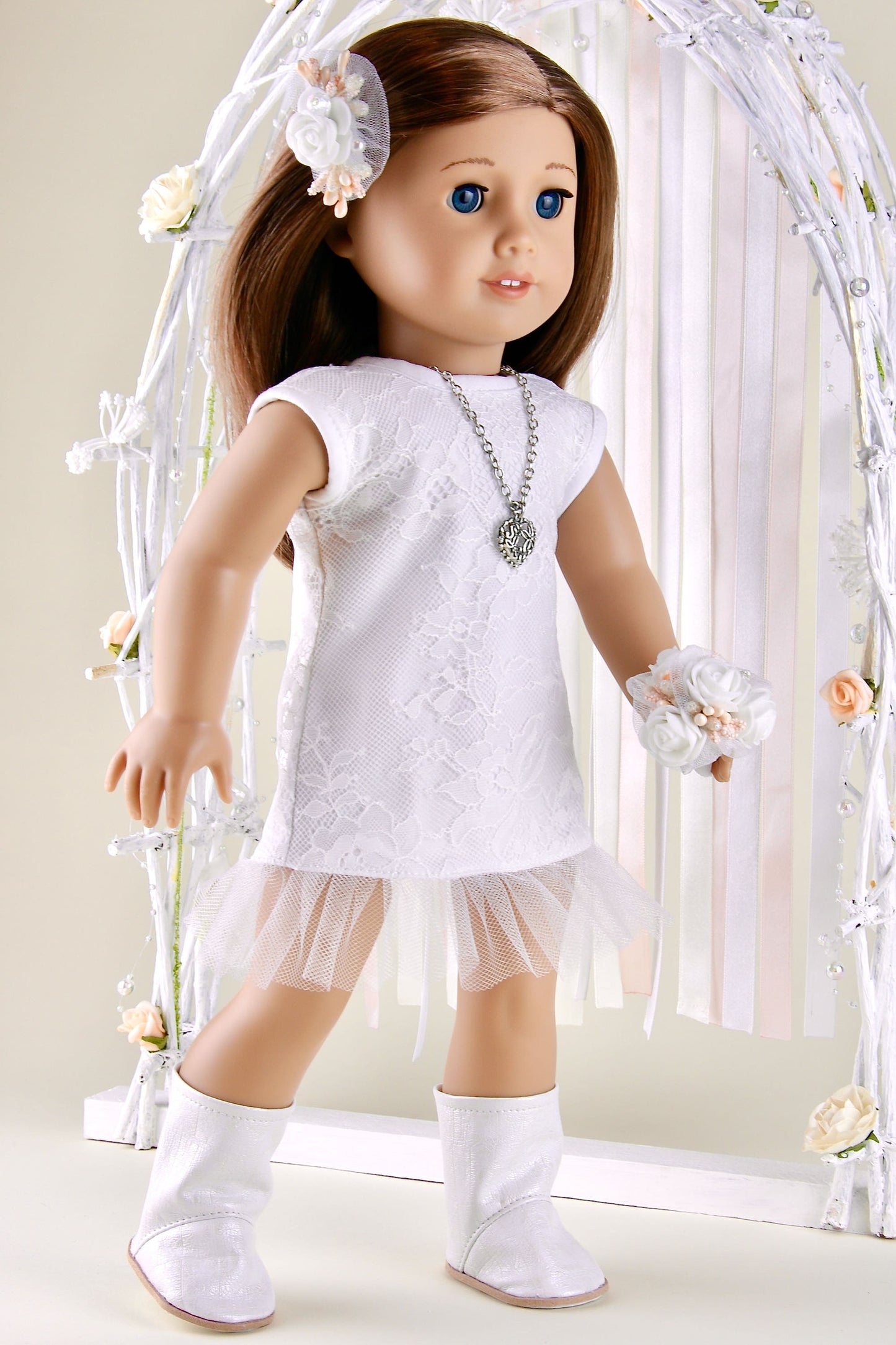 American Girl Doll Wedding Dress Short Lace Dress Doll Boots and Wedding Bouquet 18 Inch Doll Clothes