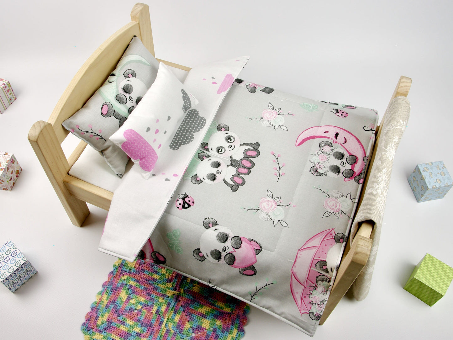 Panda Bedding - 18 Inch Doll Bedding - American Girl Doll Bedding with Panda Print Reversible Blanket