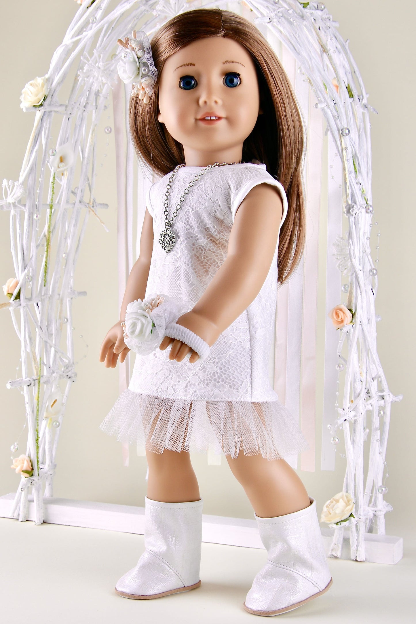 American Girl Doll Wedding Dress Short Lace Dress Doll Boots and Wedding Bouquet 18 Inch Doll Clothes