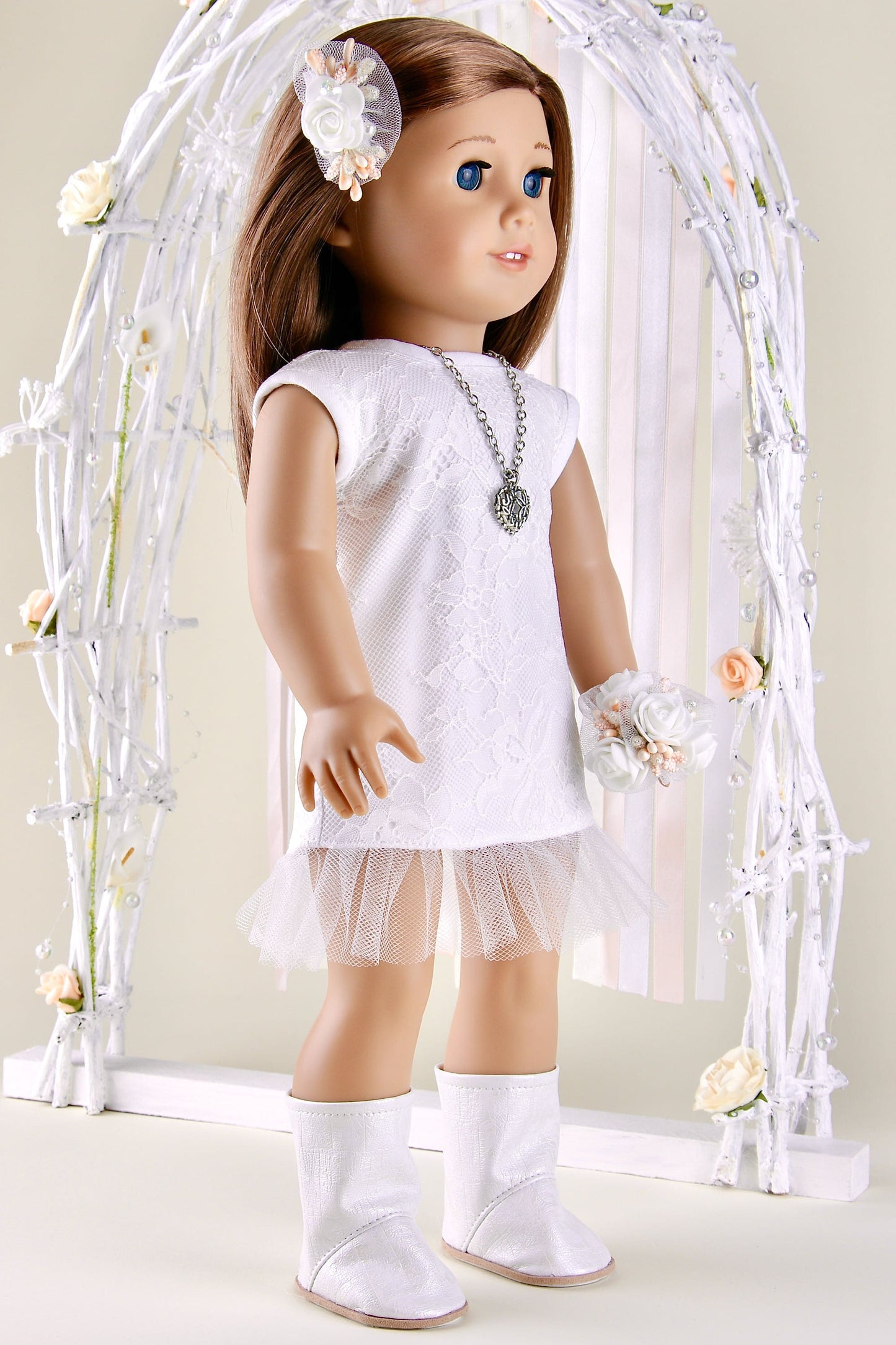 American Girl Doll Wedding Dress Short Lace Dress Doll Boots and Wedding Bouquet 18 Inch Doll Clothes