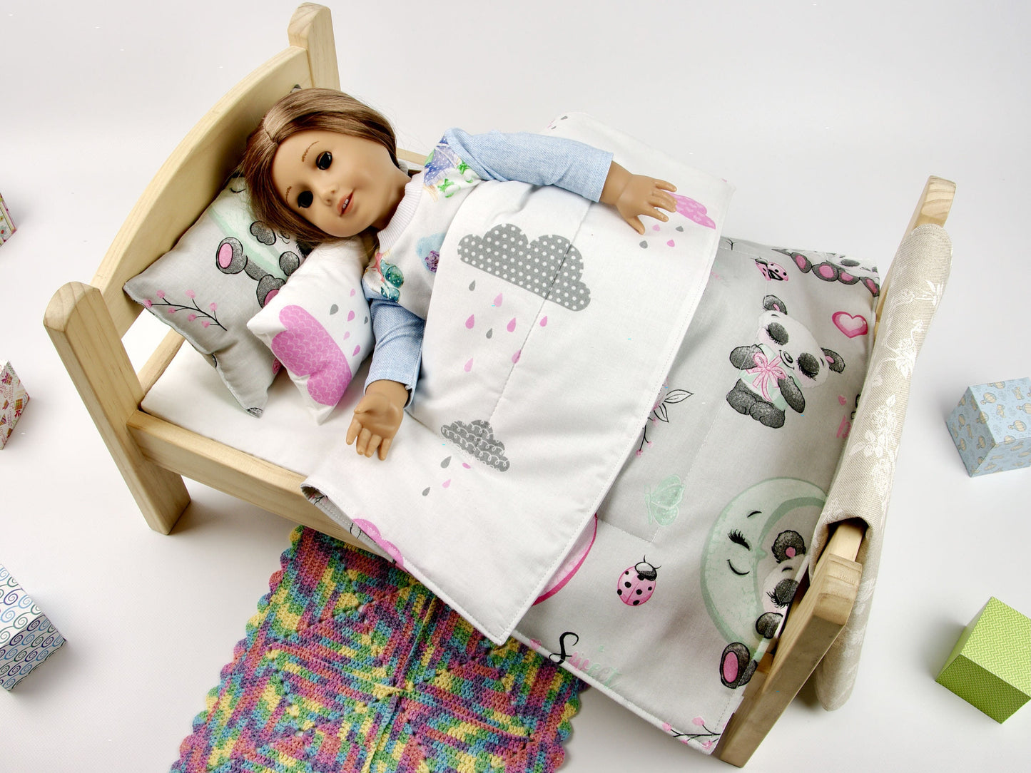 Panda Bedding - 18 Inch Doll Bedding - American Girl Doll Bedding with Panda Print Reversible Blanket