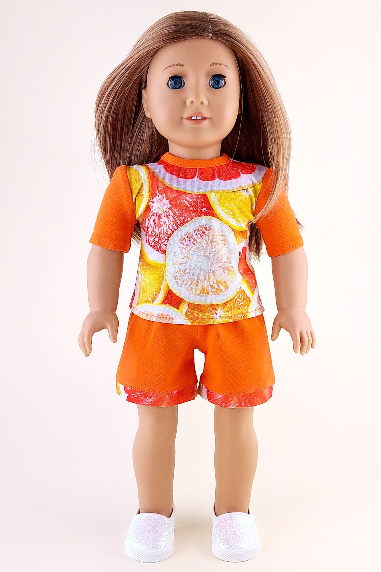 Orange shorts and fruit T-shirt for American Girl Doll summer clothes set 18 inch doll clothes