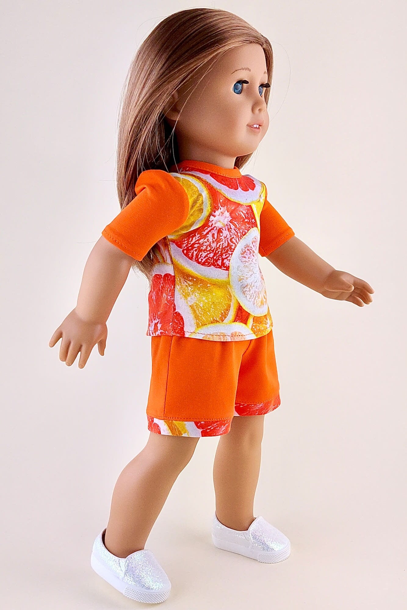 Orange shorts and fruit T-shirt for American Girl Doll summer clothes set 18 inch doll clothes