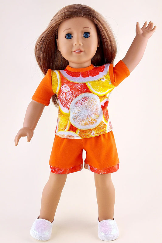 Orange shorts and fruit T-shirt for American Girl Doll summer clothes set 18 inch doll clothes