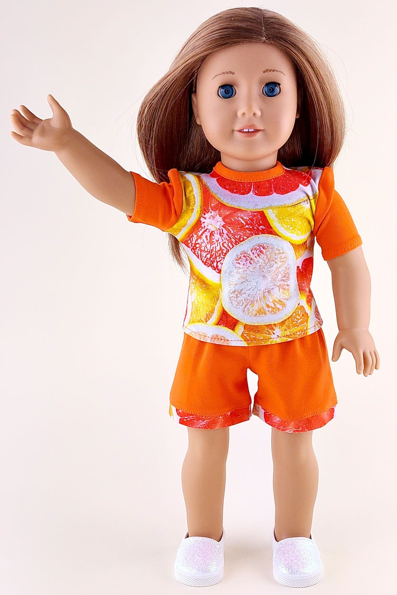 Orange shorts and fruit T-shirt for American Girl Doll summer clothes set 18 inch doll clothes