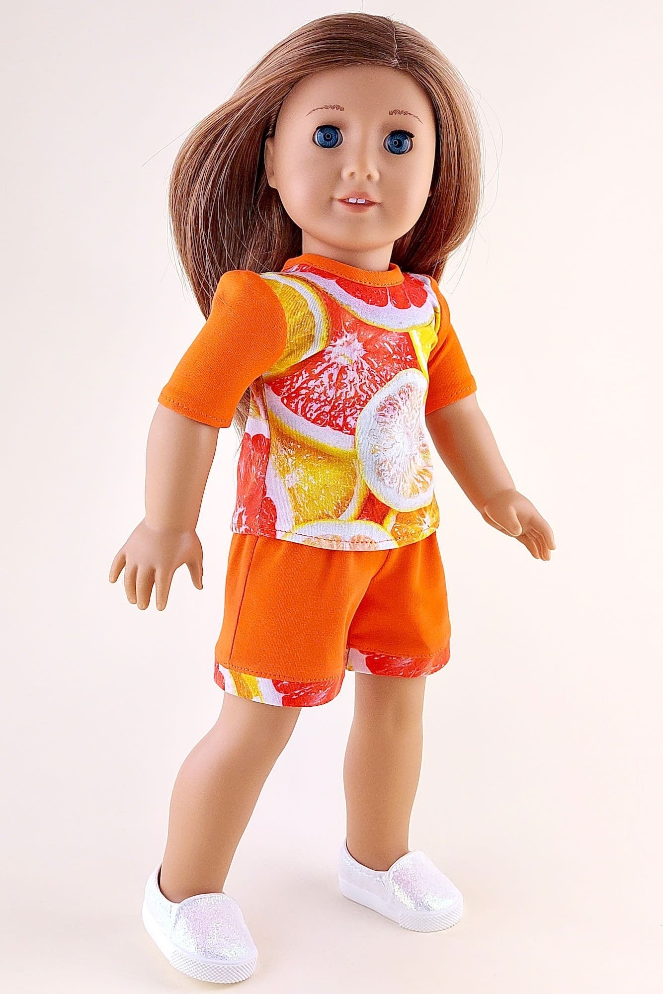 Orange shorts and fruit T-shirt for American Girl Doll summer clothes set 18 inch doll clothes