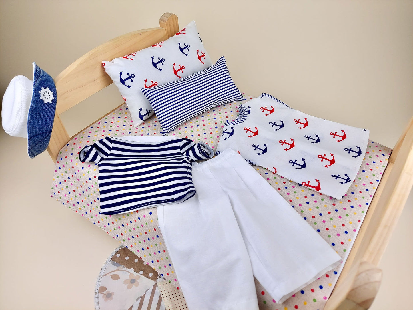 Doll Bedding and Clothes Playset of 8 pcs for American Girl Doll Nautical Theme