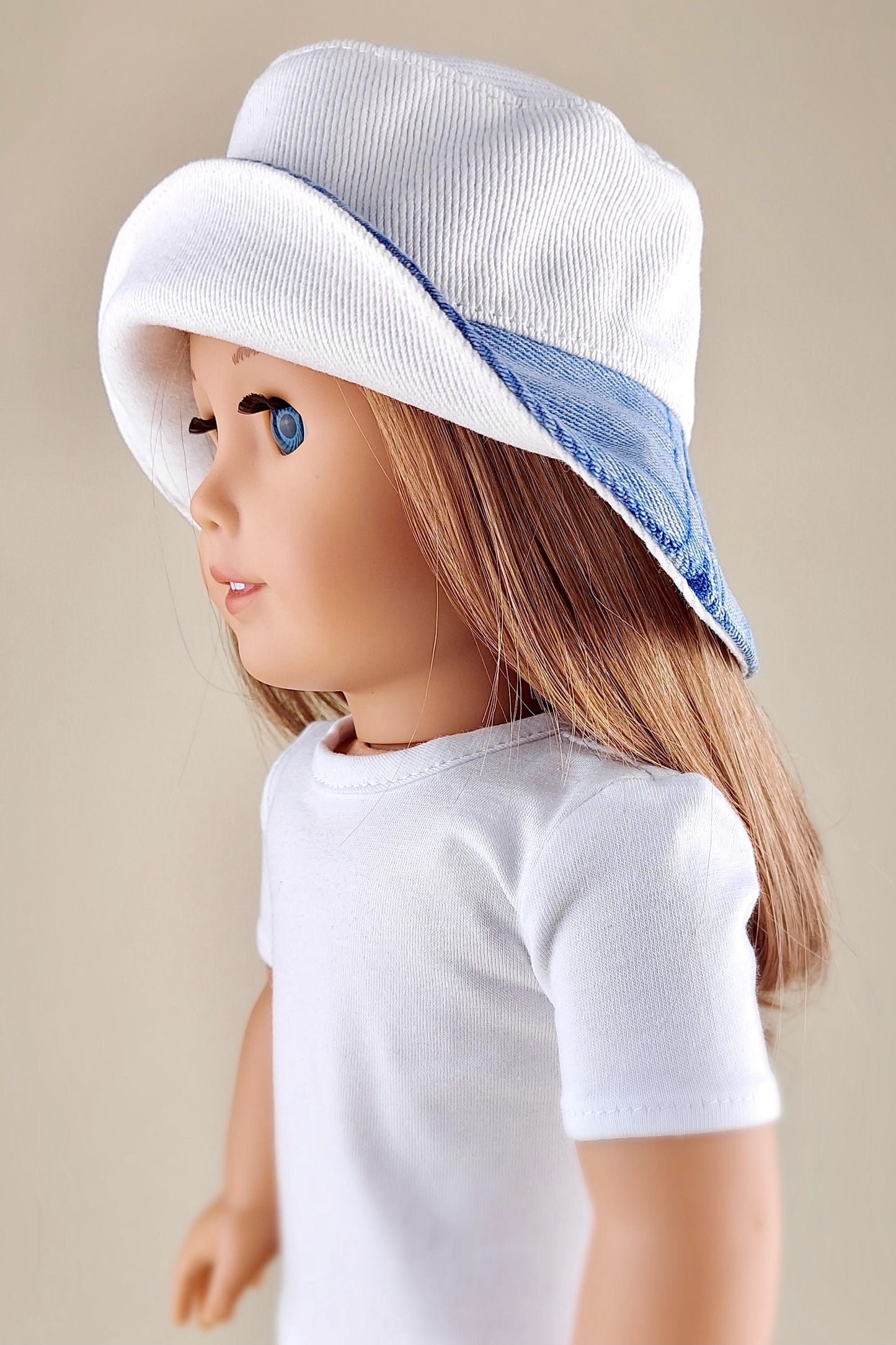 Wide brim denim bucket hat for American Girl Doll 18 inch doll clothes