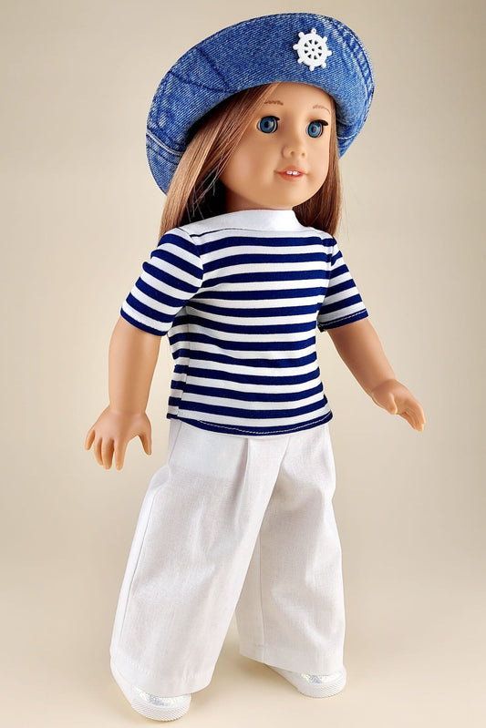 Doll Bedding and Clothes Playset of 8 pcs for American Girl Doll Nautical Theme