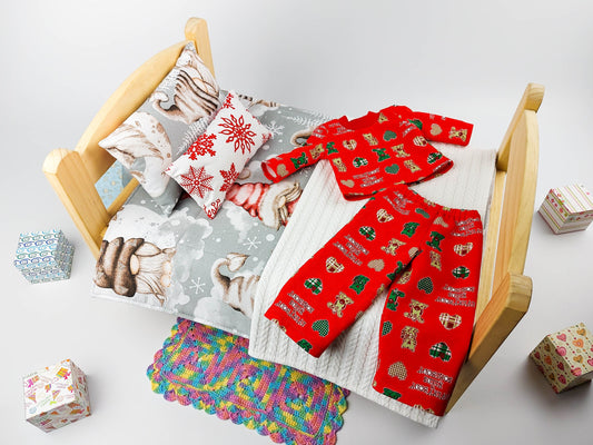 American Girl Doll Bedding and Clothes Set With Christmas Gnome Print IKEA Doll Bedding