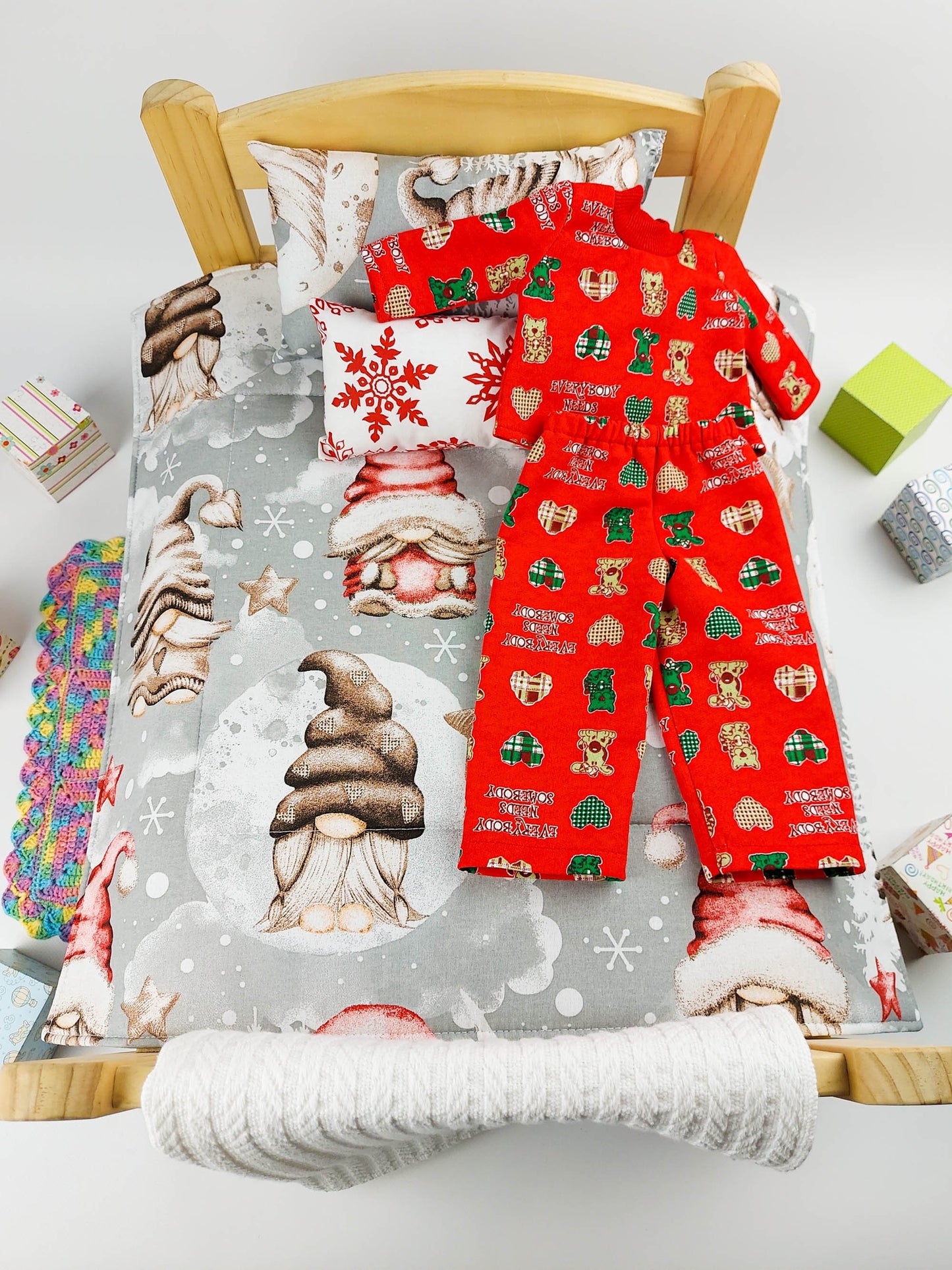 American Girl Doll Bedding and Clothes Set With Christmas Gnome Print IKEA Doll Bedding