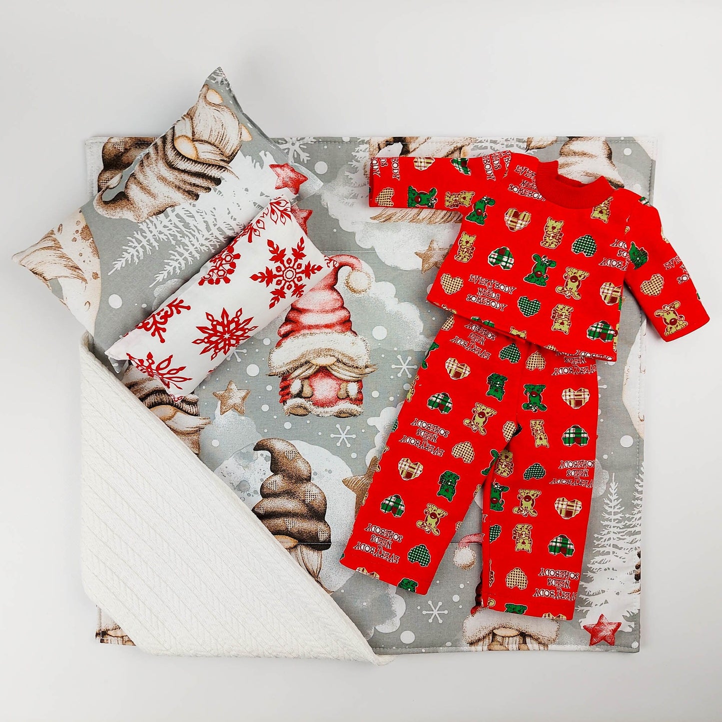 American Girl Doll Bedding and Clothes Set With Christmas Gnome Print IKEA Doll Bedding